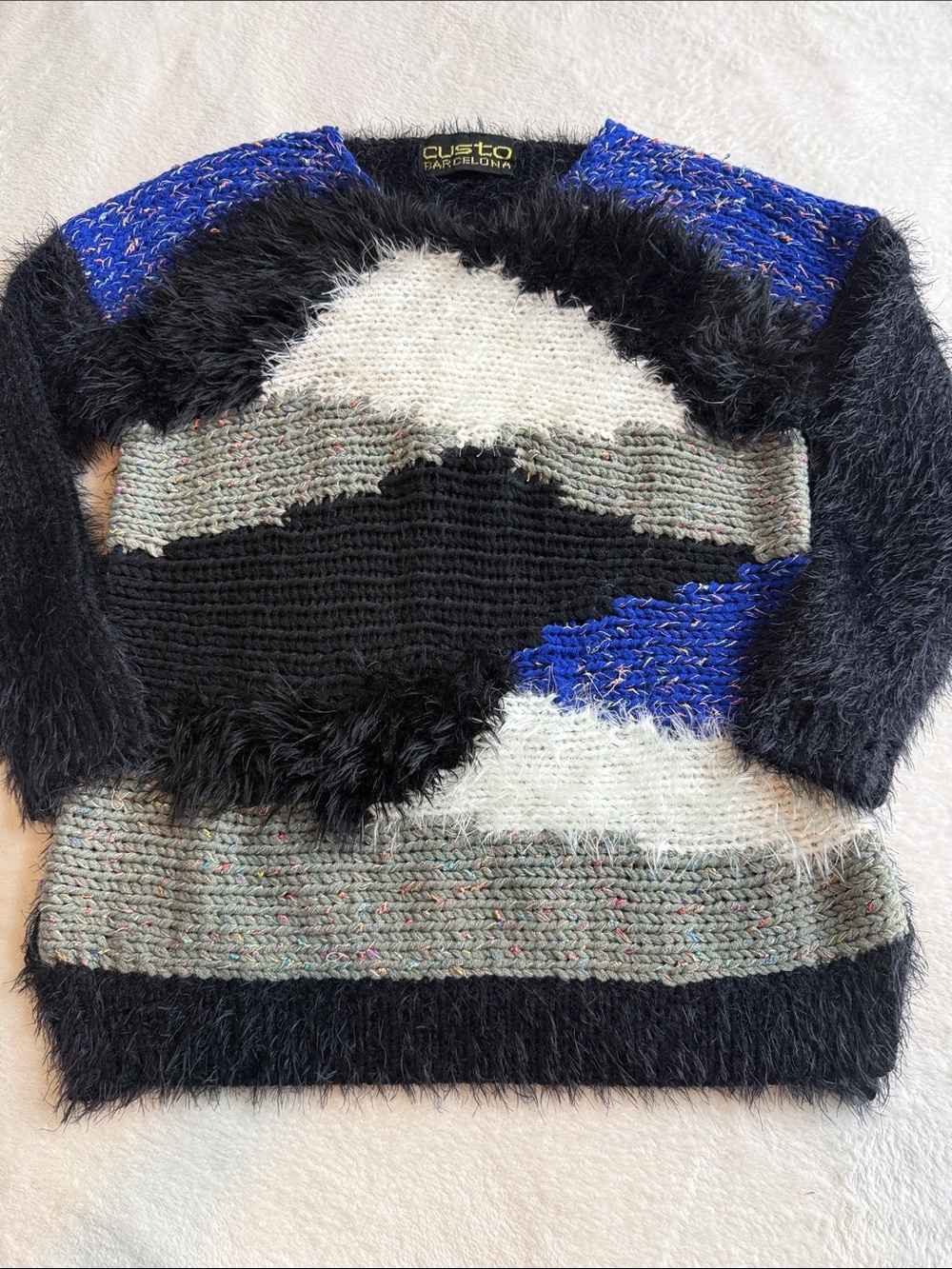 Custo Barcelona Fuzzy Eyelash Knit Colorblock Sweater in Blue Black Small